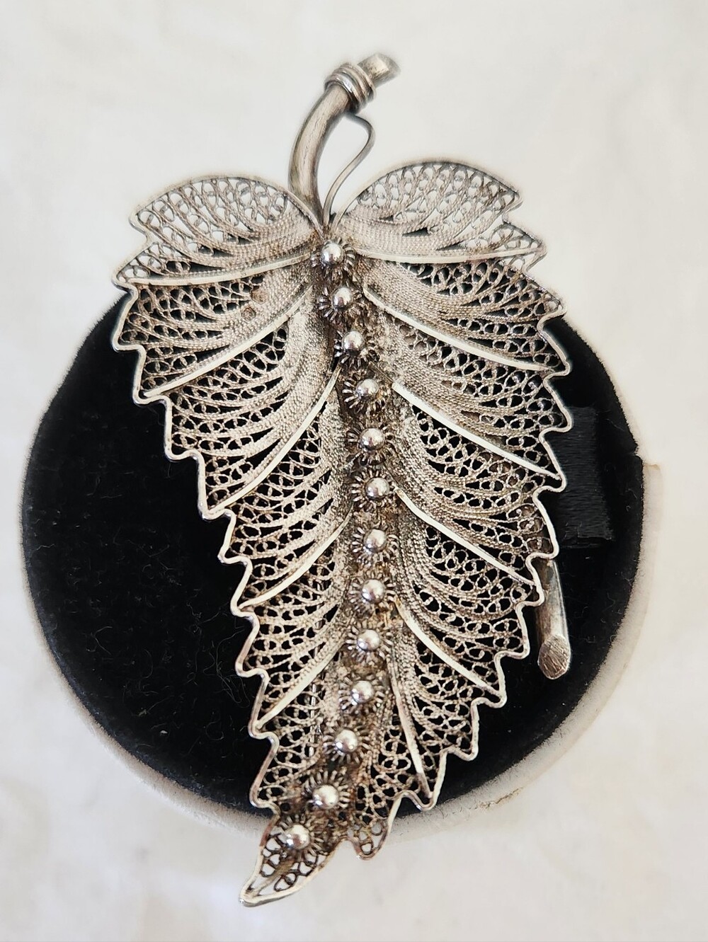 Antique Silver Filigree Dutch Button Leaf Brooch